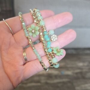 Gold-Tone Stretch Bracelet Set with Mint Green Beads and Floral Charms